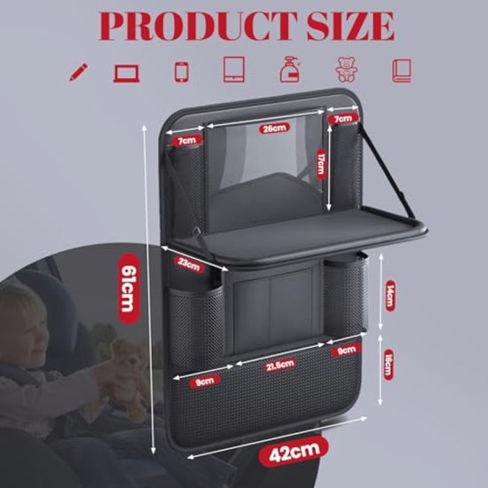 Auto-organizer, grote rugleuningbescherming voor kinderen, multifunctionele waterdichte achterbankorganizer met klaptafel, tablet/telefoonopslag en 9 vakken, 42 cm × 61 cm (2 stuks) — afbeelding 5