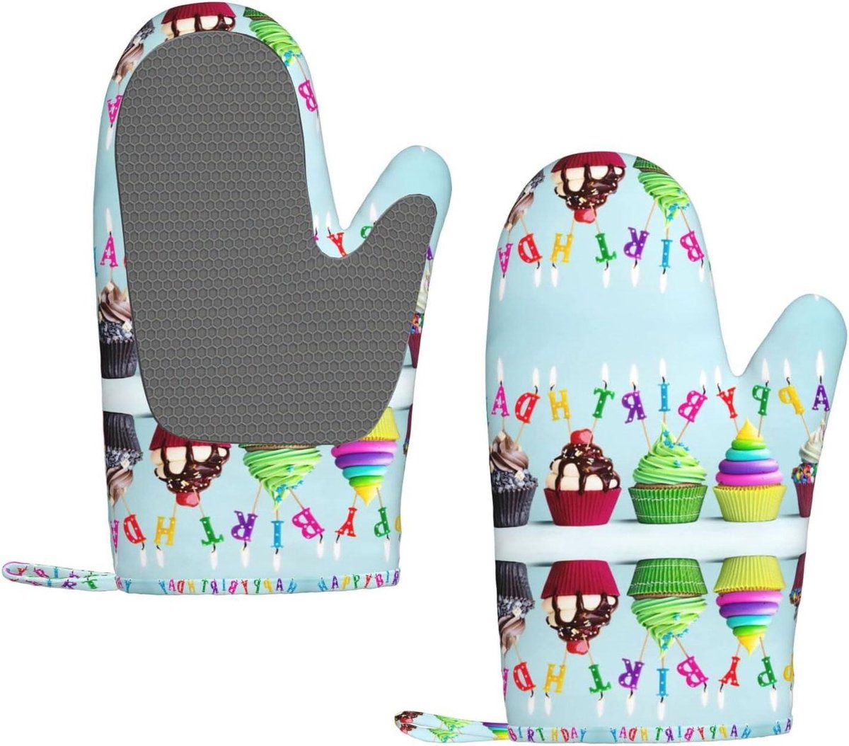 Kleurrijke Happy Birthday Cupcakes Print BBQ Handschoenen, Hittebestendige Siliconen Grillen Handschoenen, Keuken Ovenwanten, voor Barbecue, Koken