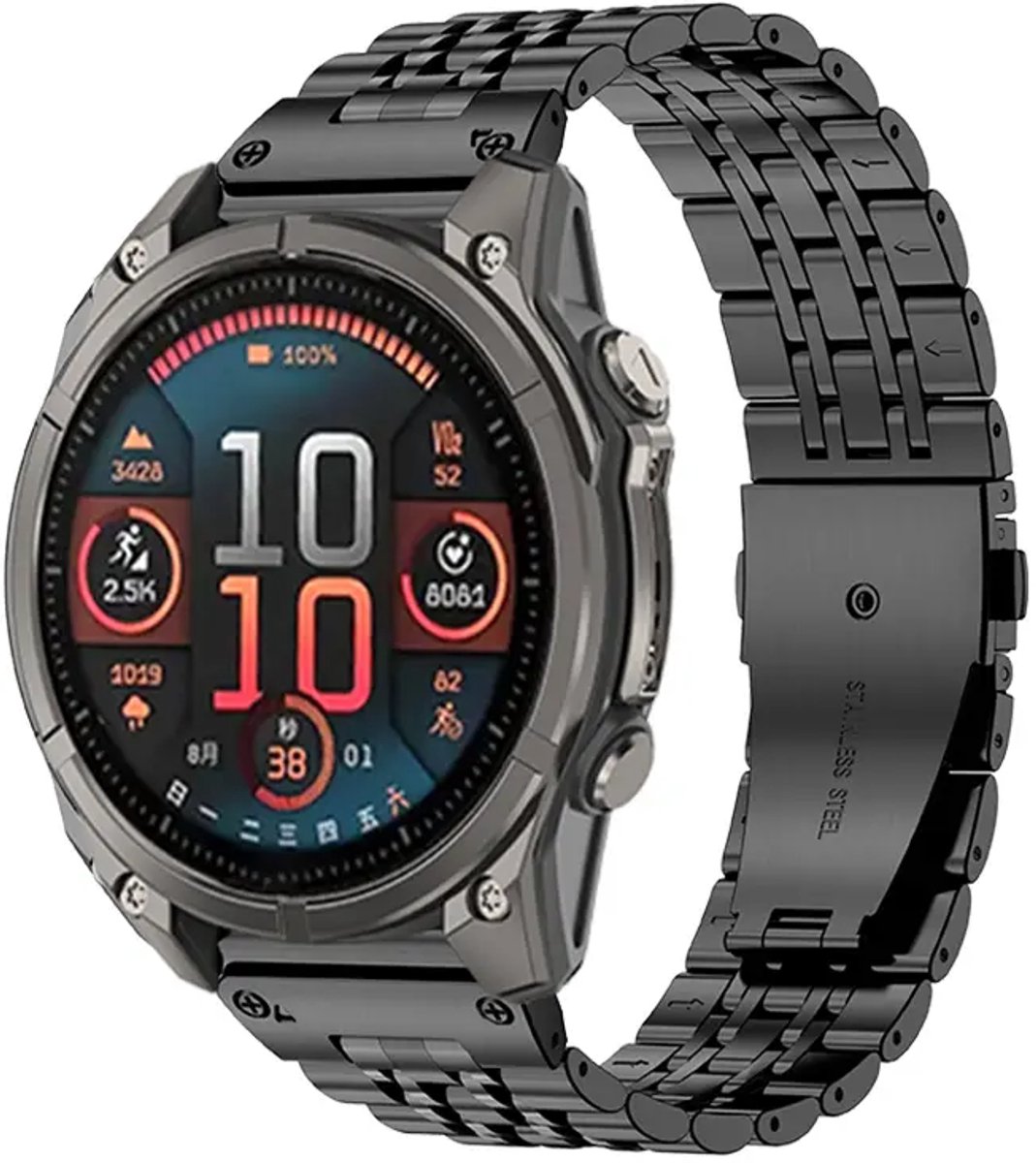 Bandz Premium '7 Bead' stalen band geschikt voor Garmin Fenix 8 - 43mm / Fenix 7s (Pro - Solar - Sapphire Solar) / Fenix 6s (Pro - Sapphire) / Fenix 5s (Plus - Sapphire) / Epix Pro (Gen 2) 42mm / Instinct 2s - E / Descent Mk2s - Mk3 -43mm (Zwart)