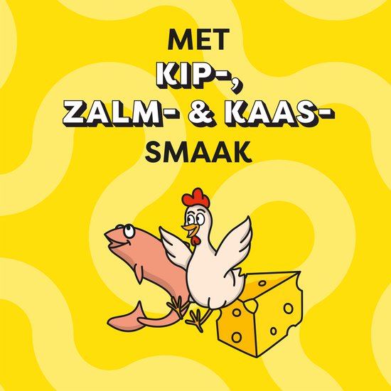 Kippen-, zalm- en kaassmaak met illustraties van een kip, vis en kaas.