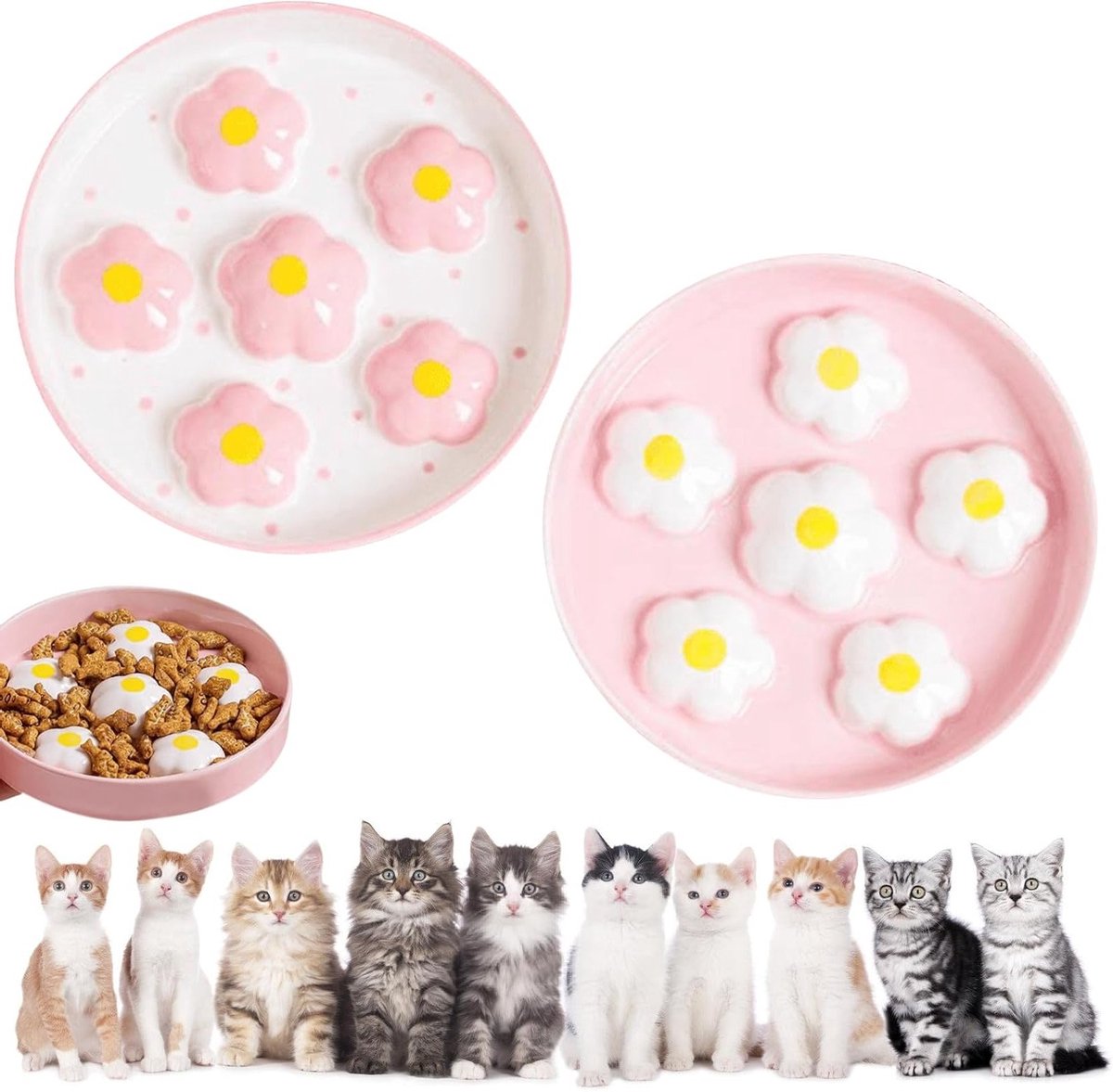 Set van 2 keramische anti-fumble kattenvoederschalen - Langzaam voeren, anti-slip, geschikt voor alle kattenrassen - 16 x 16 cm, Roze en Wit