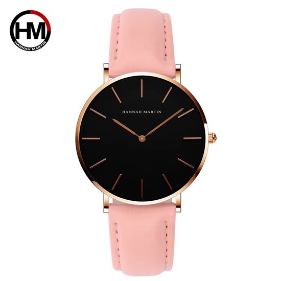 Montre HANNAH MARTIN avec bracelet en cuir rose, cadran noir, boîtier doré et aiguilles dorées pour femme stylée (modèle CH36 FF)