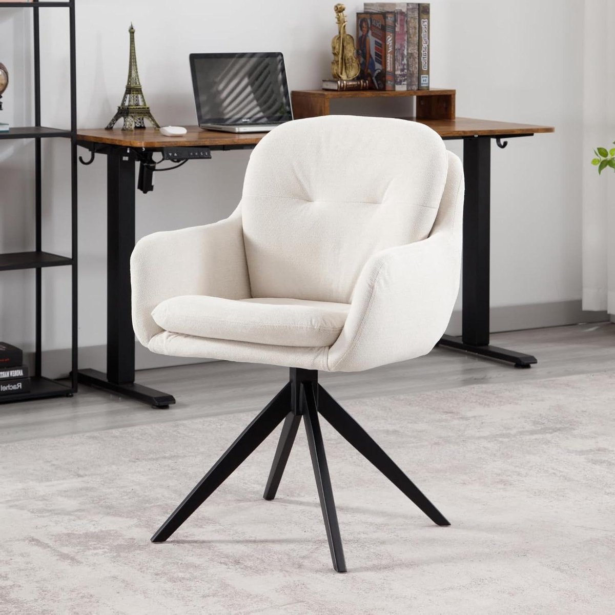 Bureaustoel – Kantoorstoel – Draaistoel – Werkstoel – Computerstoel – Chenille Bekleding – Ergonomische Armleuningen – Beige