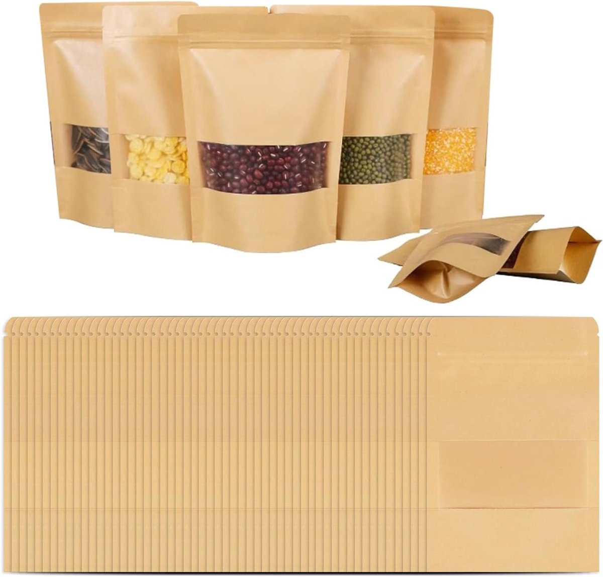 Kraft Papieren Tassen met Venster - 60 Stuks, 9x14 CM, Staande Bodem, Geschikt voor Noten, Snoep, Gedroogd Fruit en Koffiebonen