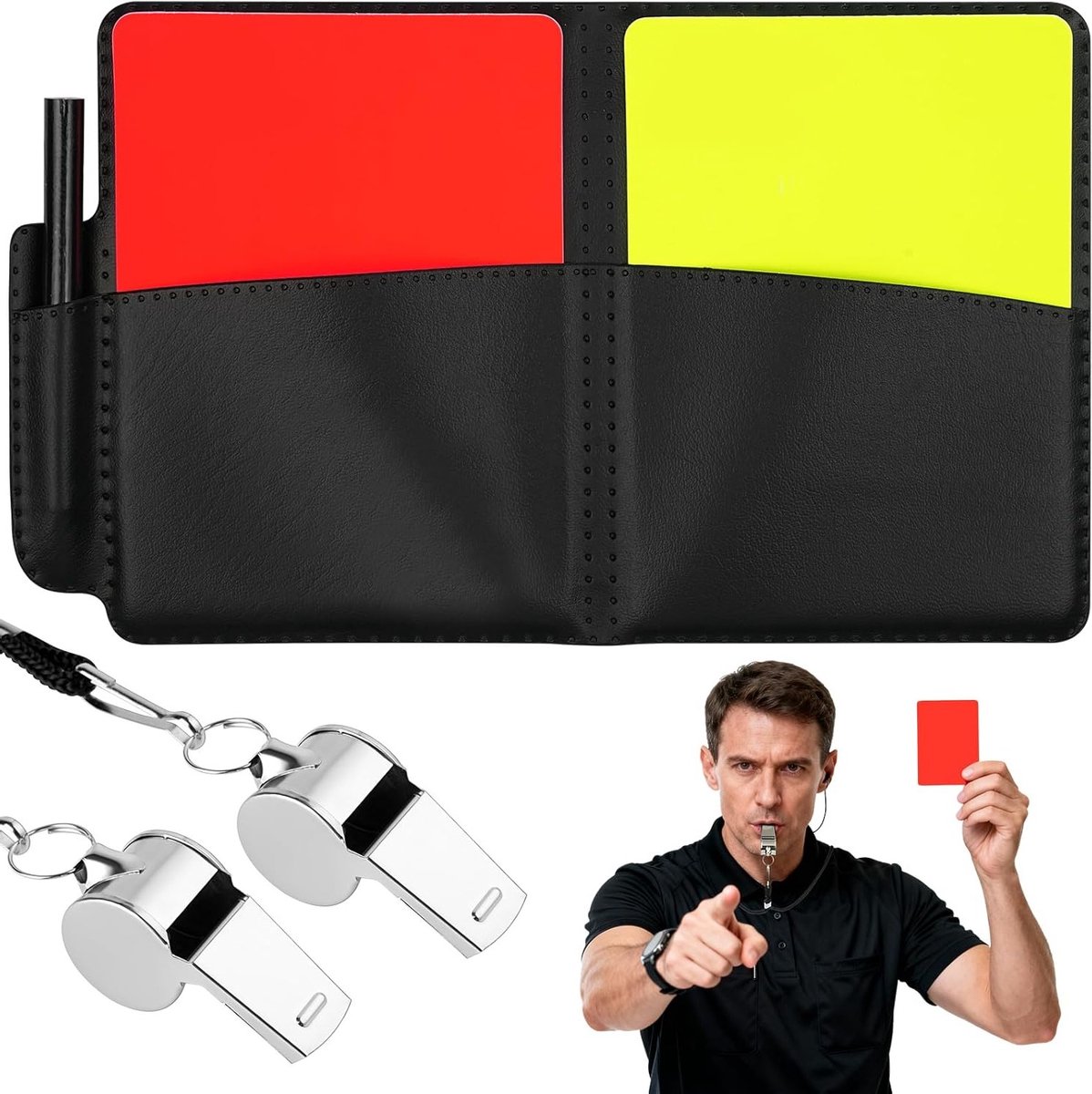 Referee Kaarten Set voor Voetbal, Inclusief 2 Metalen Fluiten voor Sporttraining en Coaches, Perfect Cadeau voor Scheidsrechters en Coaches