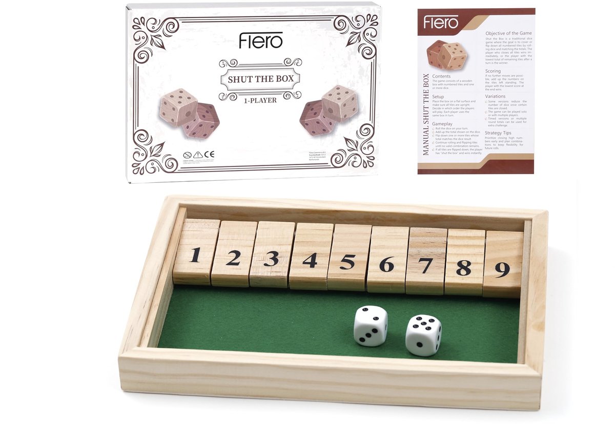 Flero Shut The Box - 1 Speler - Dobbelspel - Tactiek- en Rekenspel (1-9) - Bordspel, Educatief Speelgoed, Leerspel voor Kinderen en Volwassenen
