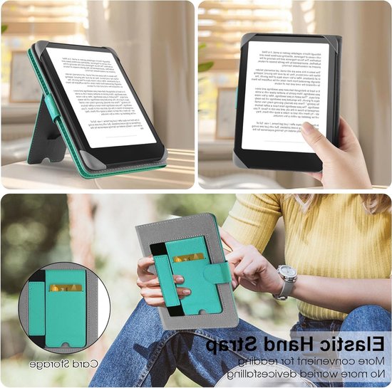 Universele leren beschermhoes voor 6.8'' eReaders zoals Paperwhite, Pocketbook en Kobo Clara HD, cyan kleur, schokbestendig en stijlvol ontwerp — afbeelding 4