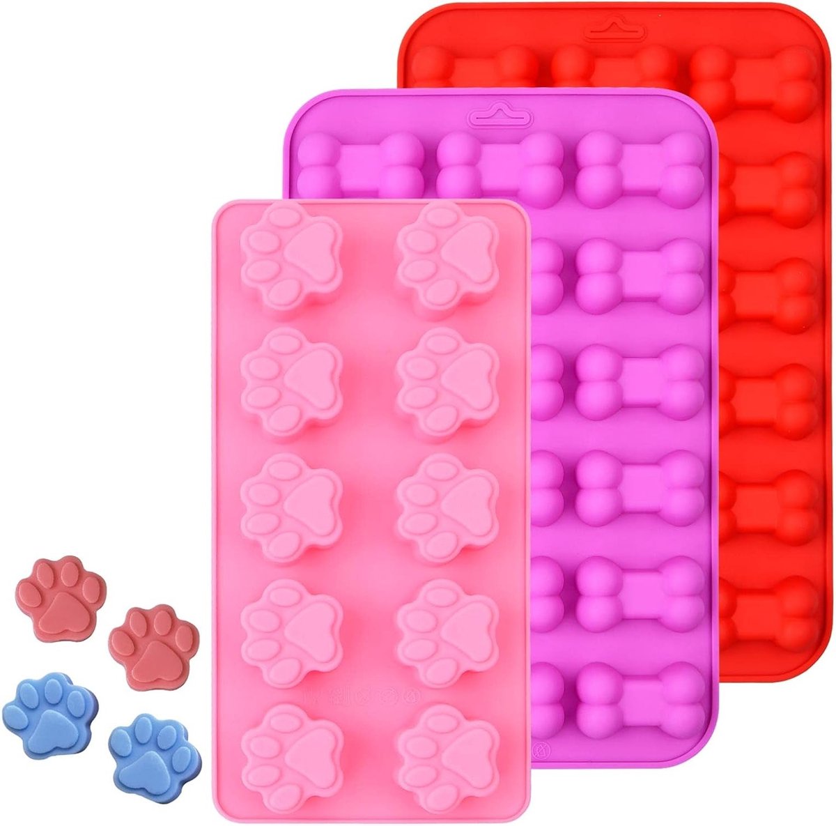 Set van 3 Siliconen Mallen voor Hondpootjes en Botjes - Ideaal voor Chocolade, IJs en Hondensnacks, Voedselveilige Bakmat en IJsblokjesvorm