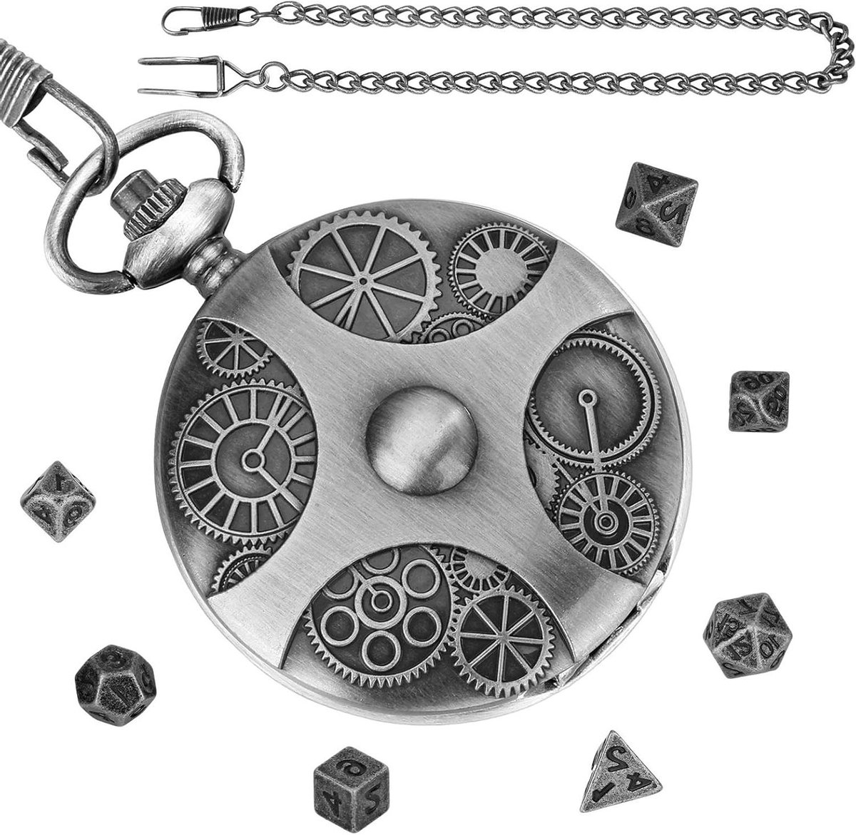 Metalen Dobbelstenen Set - Zakhorloge Stijl - Rollenspel Bordspellen - Duurzaam Metaalontwerp - 15x12x0.1 cm - Zilvergrijs