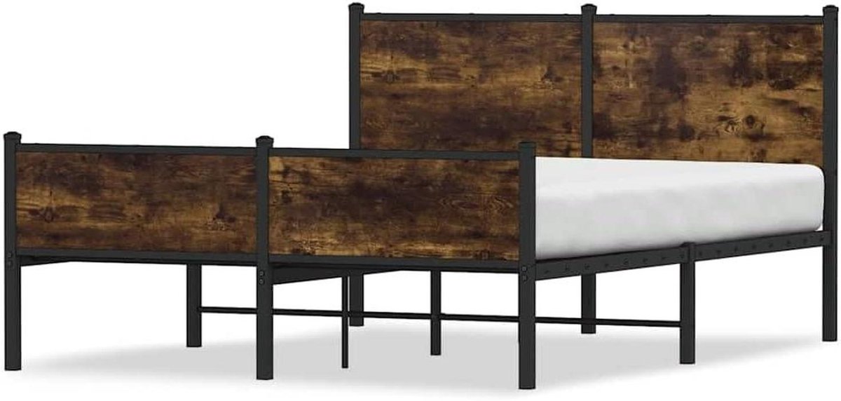 Metalen Bedframe - Stalen Frame - Slaapkamer Inrichting - Gerookt Eiken Hoofdbord - 140 x 190 cm - Houtkleur