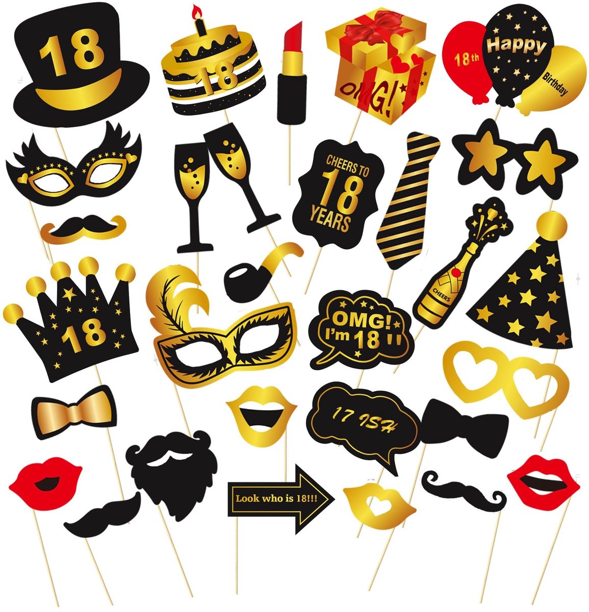 Allecto - Fotobooth Rekwisieten - Grappige Foto Props - 30-delige DIY Kit - Zwart-Goud - Verjaardag Decoratie - Geschikt voor 18e Verjaardag - Fees...