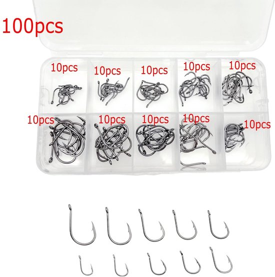 Store_8 - Koolstofstalen Vishaken - 100 stuks - Diverse Maten - Kwaliteit Vishaak - Voor Hengelsport - Inclusief Plastic Doos van Merkloos — afbeelding 2