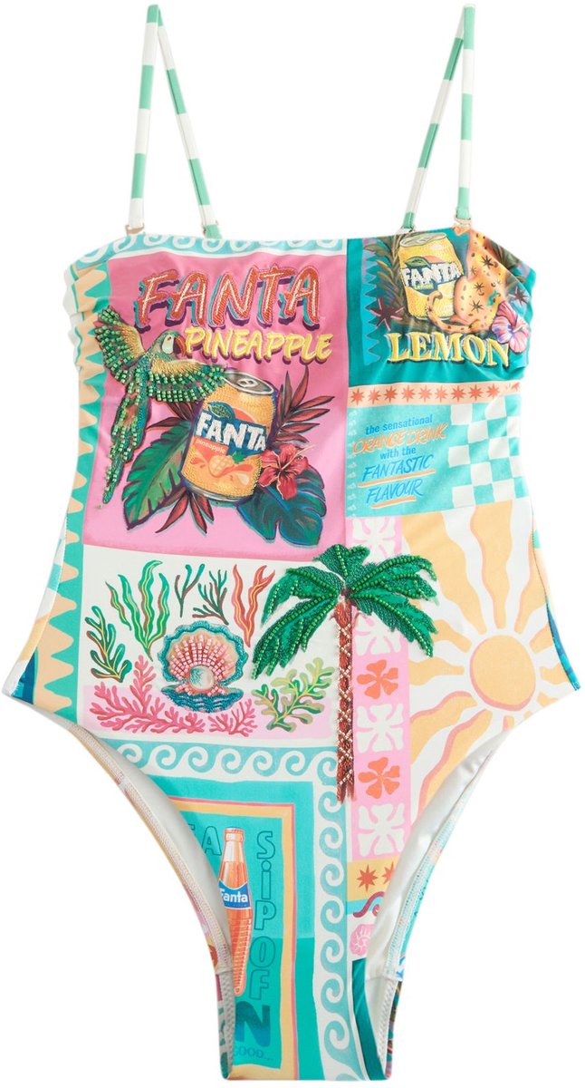 Next Dames - Buikcorrigerend bandeau-badpak met borduursel - Roze Multicolour Fanta