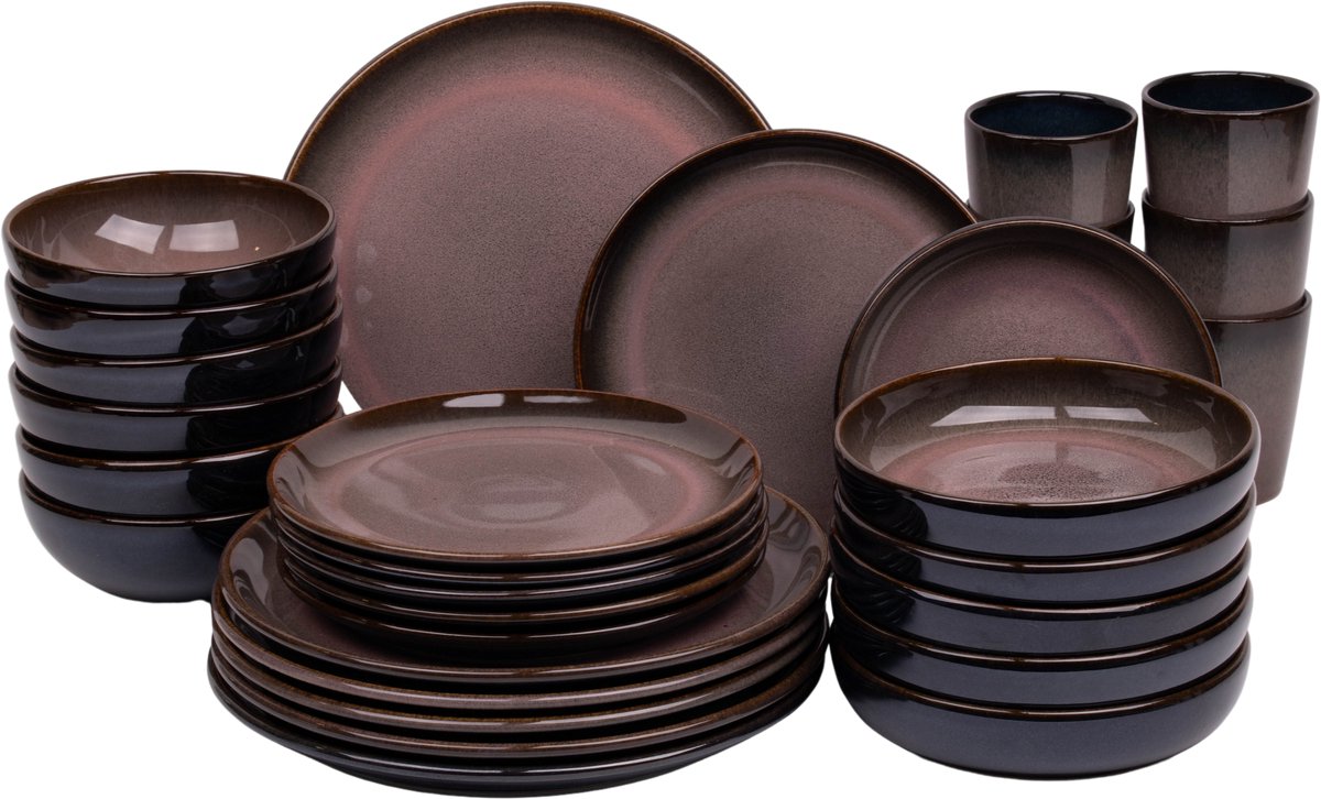 30 delige serviesset - 6 persoons - Vila Nova - blauw met roze - normale rand - Portugees stoneware