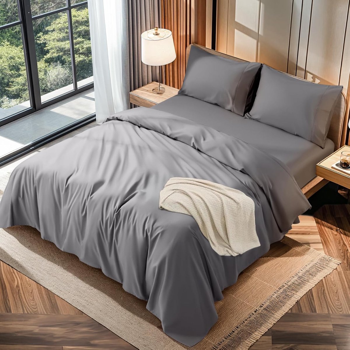 Katoenen Lakenset - Beddengoed Set - Slaapkamer Comfort - 1200 Draad Tellen - Queen 16 Inch Diepe Zak - Grijs