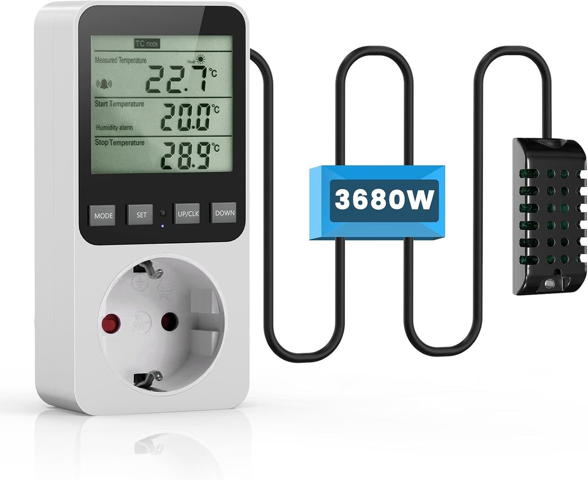 Digitale Thermostaat - Temperatuurregelaar Vochtigheid - Klimaatbeheersing Binnen - Met Ingebouwde Sensor - 230V 3680W