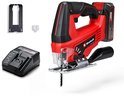 Einhell rode accu decoupeerzaag met zwarte handgreep, naast een oplader en extra hulpstukken.