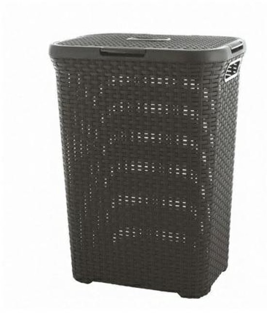 Donkergrijze wasmand met deksel en geweven textuur.