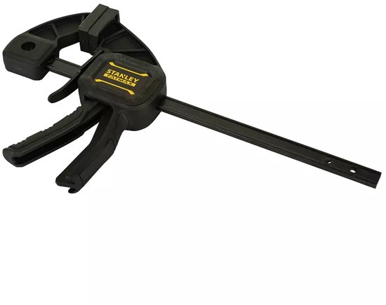 Zwarte Stanley Fatmax lijmklem, liggend op een witte achtergrond.