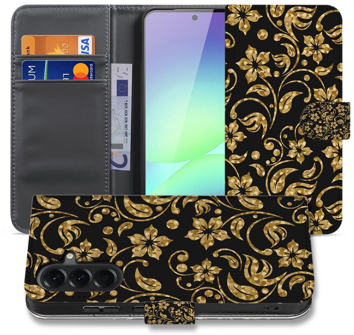 Samsung Galaxy A37 Hoesje Gouden Bloemen met Pasjeshouder