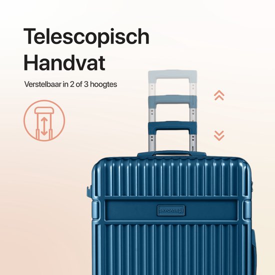 Blauwe koffer met uitschuifbaar handvat in 2 of 3 hoogtes.