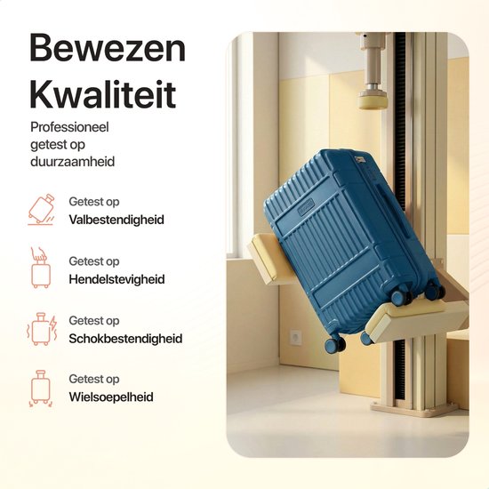 Blauwe koffer wordt professioneel getest op val-, hendel-, schok- en wielbestendigheid.