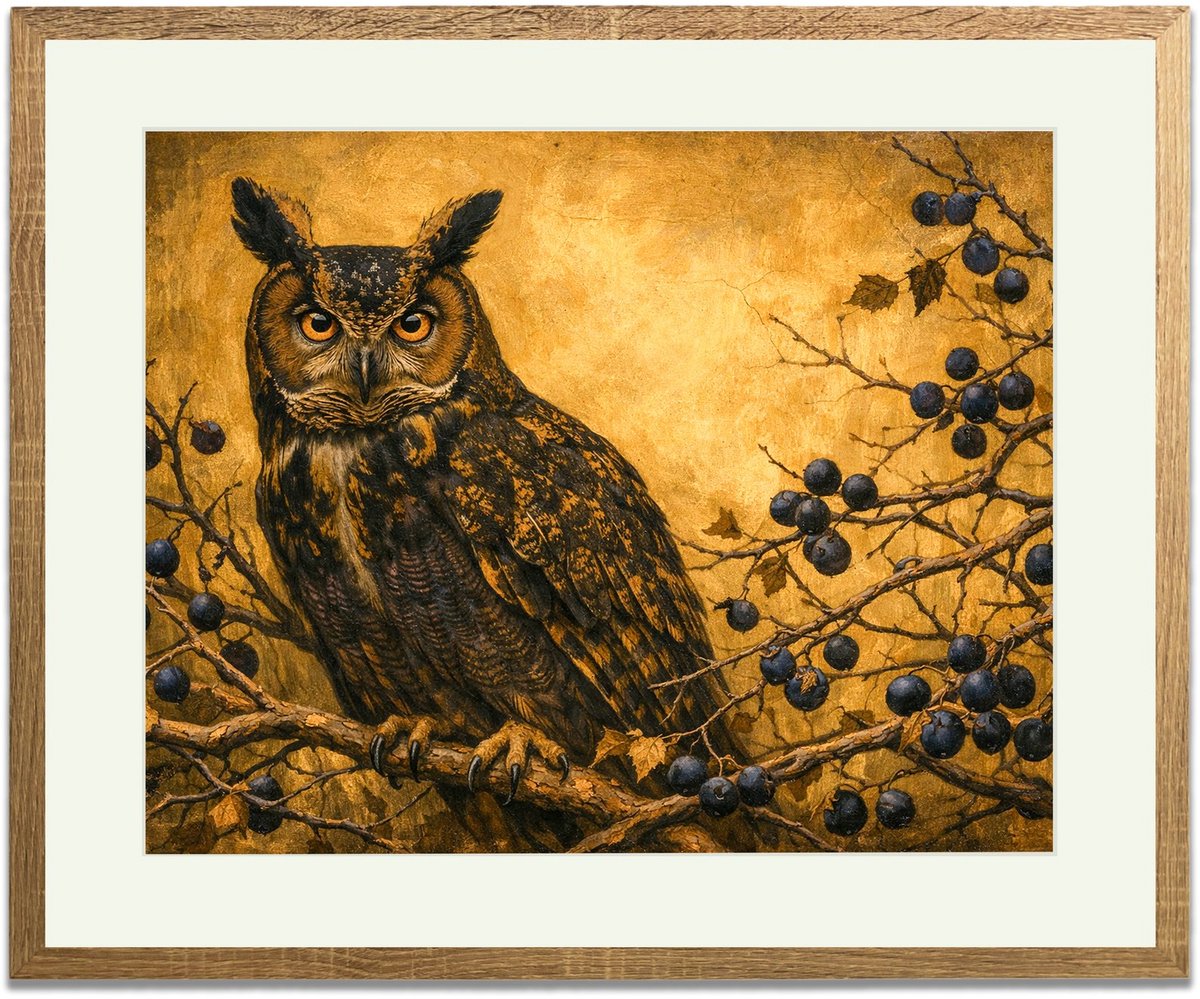 Uil op een tak - Ingelijste Muurkunst - 63x53cm lichtbruin frame - Glasplaat en Passe-partout - Museum kwaliteit print