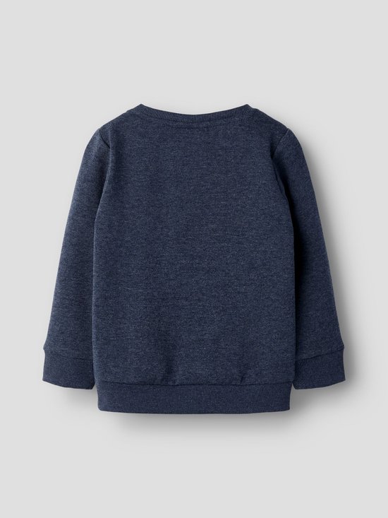 Achterkant van een donkerblauwe trui met V-hals en gemêleerde stof.