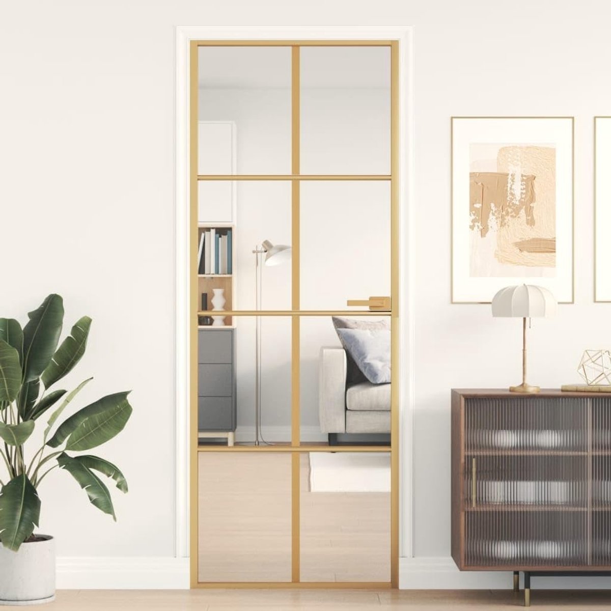 Glazen Binnendeur - Kamerdeur Woningdeur - Thuis Kantoor - Slank Design Aluminium - 76x2015 cm - Goud Transparant