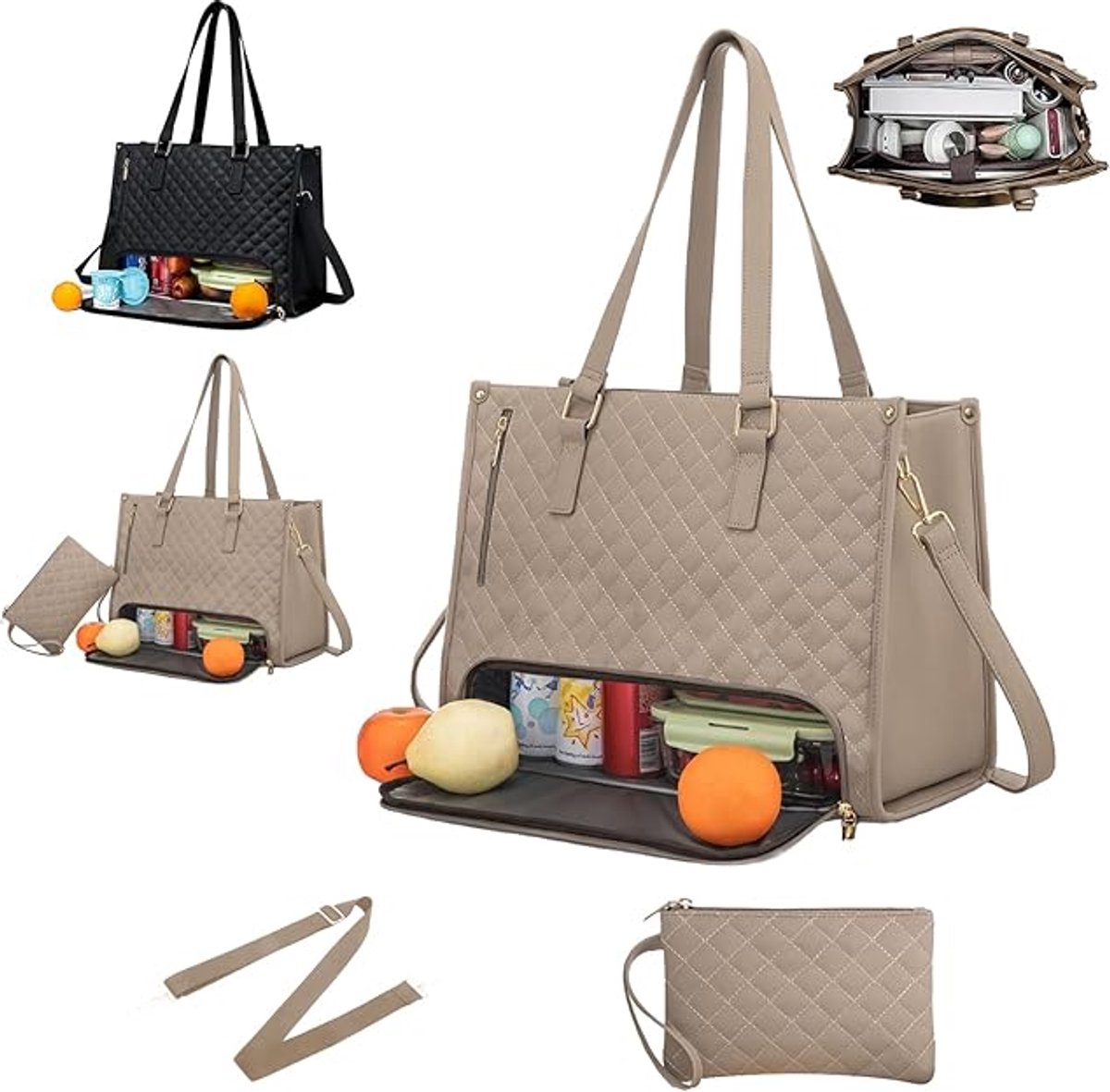Dameslunchtas met geïsoleerde lunchbox en laptopvak, ruime 2-in-1 kantoortas, dameslaptoptas voor op reis, kan crossbody of over de schouder gedragen worden, kaki kleur.
