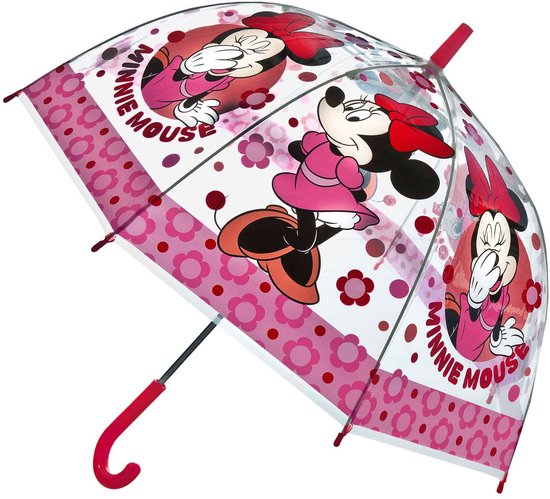 Transparante paraplu met roze rand en patronen van Minnie Mouse in verschillende poses.