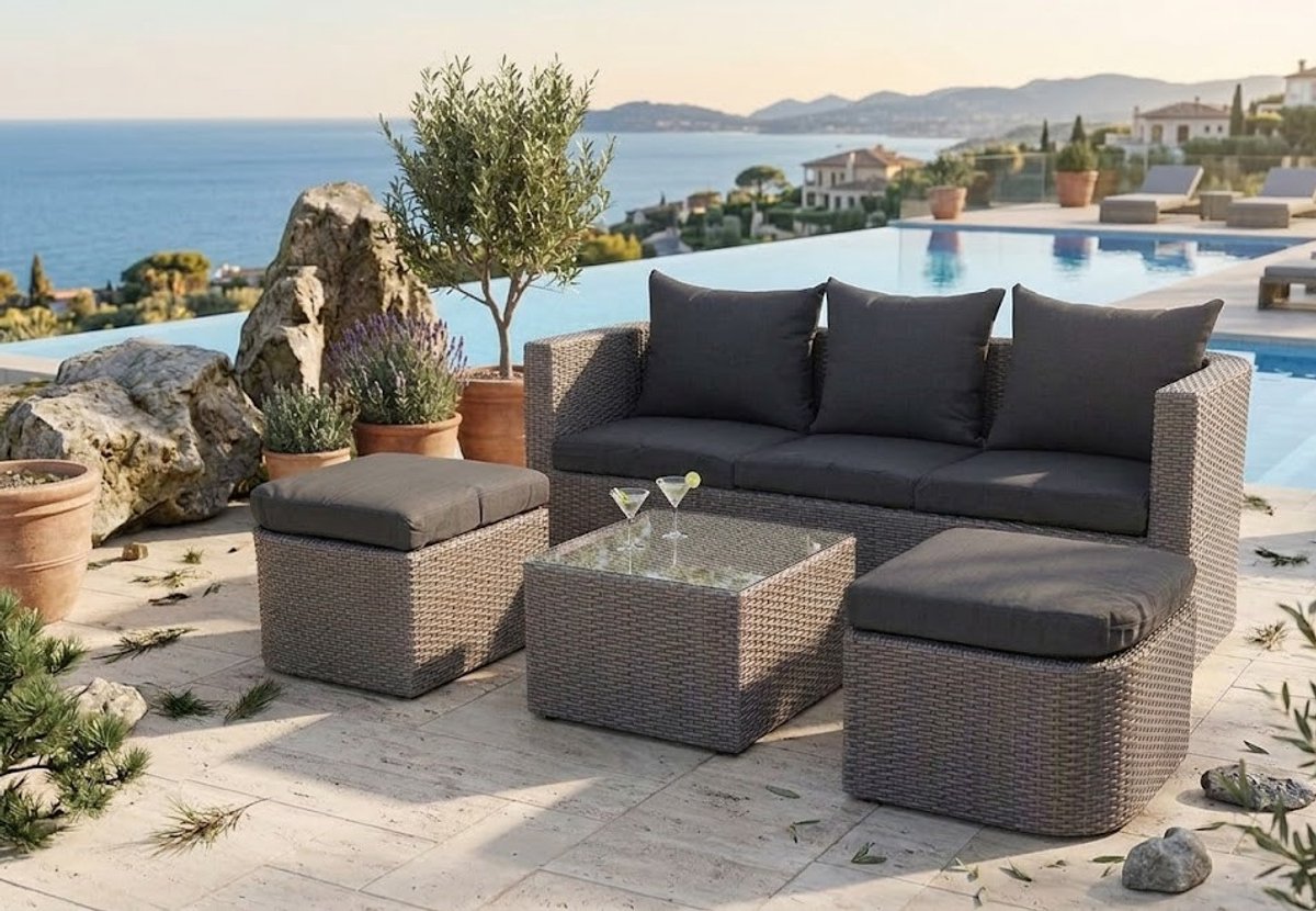 3-in-1 Luxe Sun Island Tuinloungeset Halfrond Rattan Design 170x62x65 cm – Grijs/Antraciet