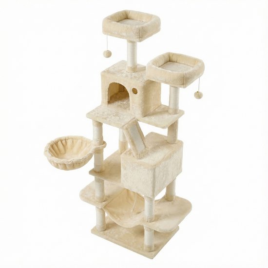 Hoge beige krabpaal met meerdere verdiepingen, platforms, hangmat, mand en speeltjes.