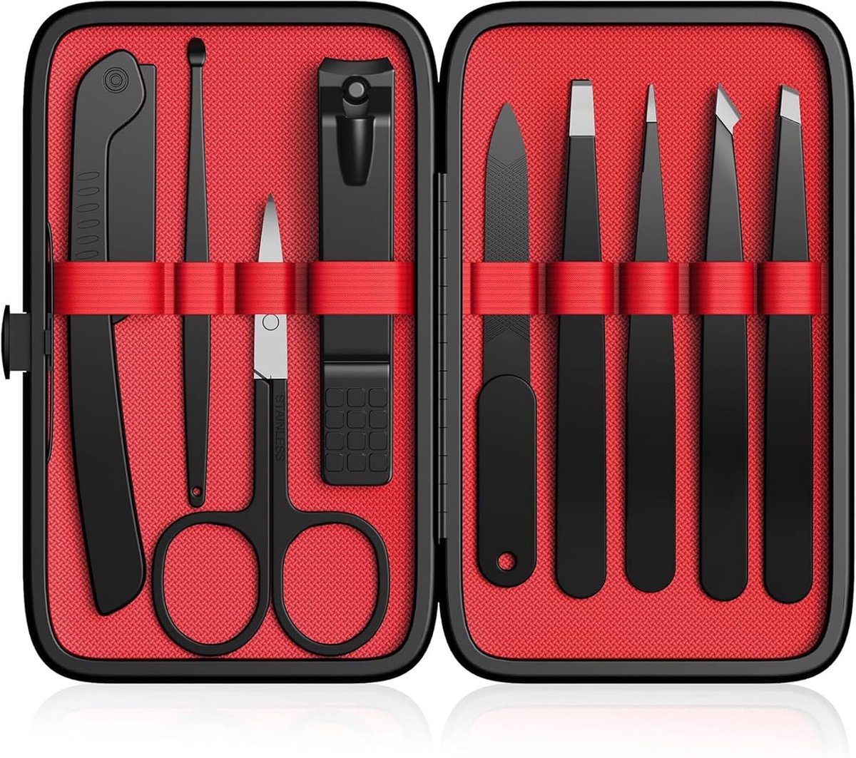 Set van 9 pincet en nagelknipper, pincet, set voor mannen en vrouwen, roestvrijstalen wenkbrauwplukker met gebogen schaar en wenkbrauwscheermes voor dagelijkse schoonheidsgereedschap, met lederen etui