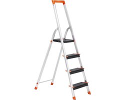SONGMICS - Huishoudtrap - Ladder - Aluminiumladder met 4 Brede Treden - Antislip - Met Gereedschapsbakje