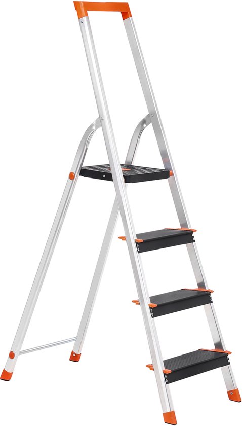 Aluminium huishoudtrap met 4 treden, oranje details, op witte achtergrond.