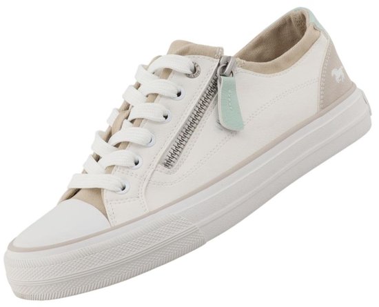Witte sneaker met beige en mintgroene accenten. Rits aan de zijkant met paardenlogo op de hiel.