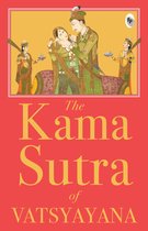 Couverture de livre avec le titre 'The Kama Sutra of Vatsyayana' et une miniature d'un homme et d'une femme entourés de serviteurs.