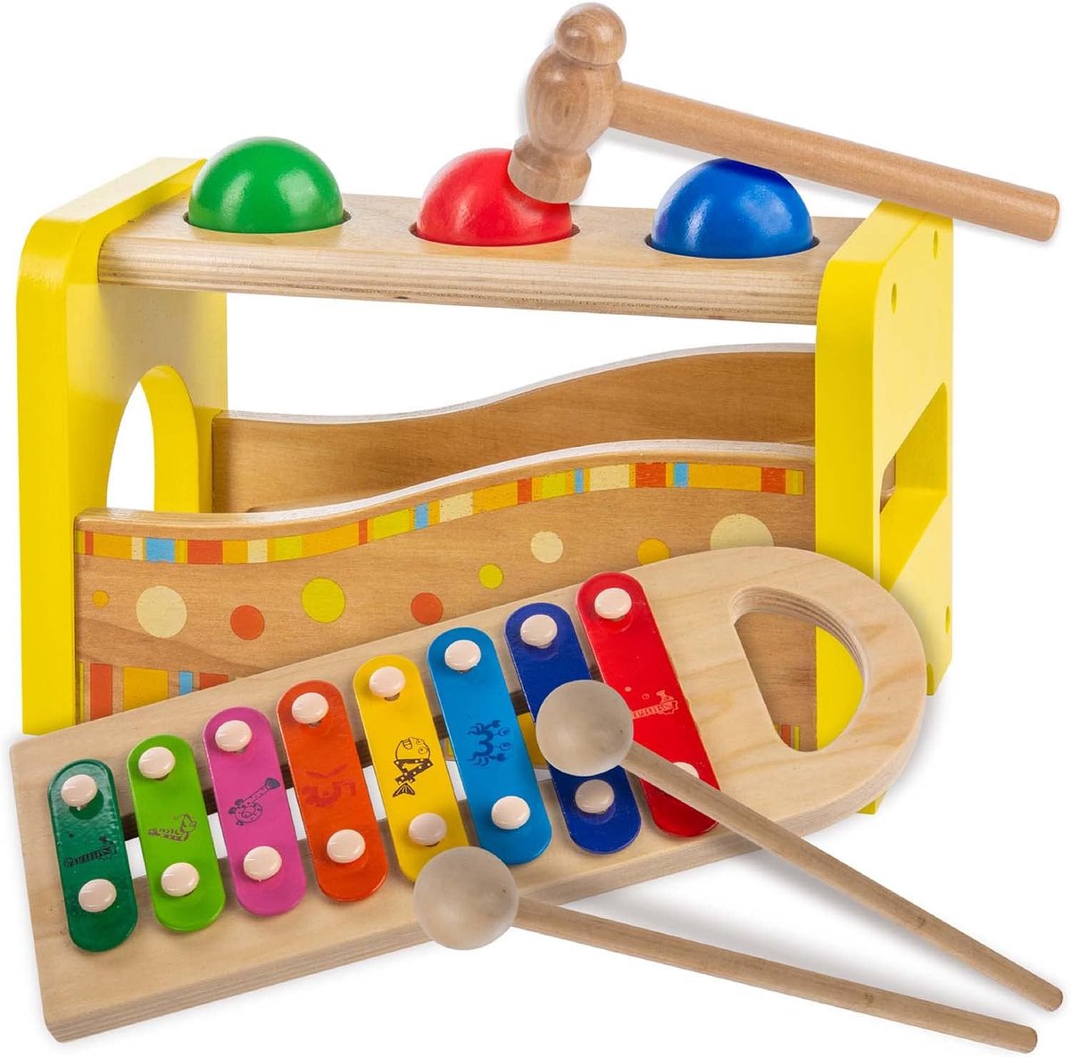 Houten xylofoon kinderen - Muziekinstrument klokkenspel - Motorische training - Vrolijke kleuren - 30x14x15 cm