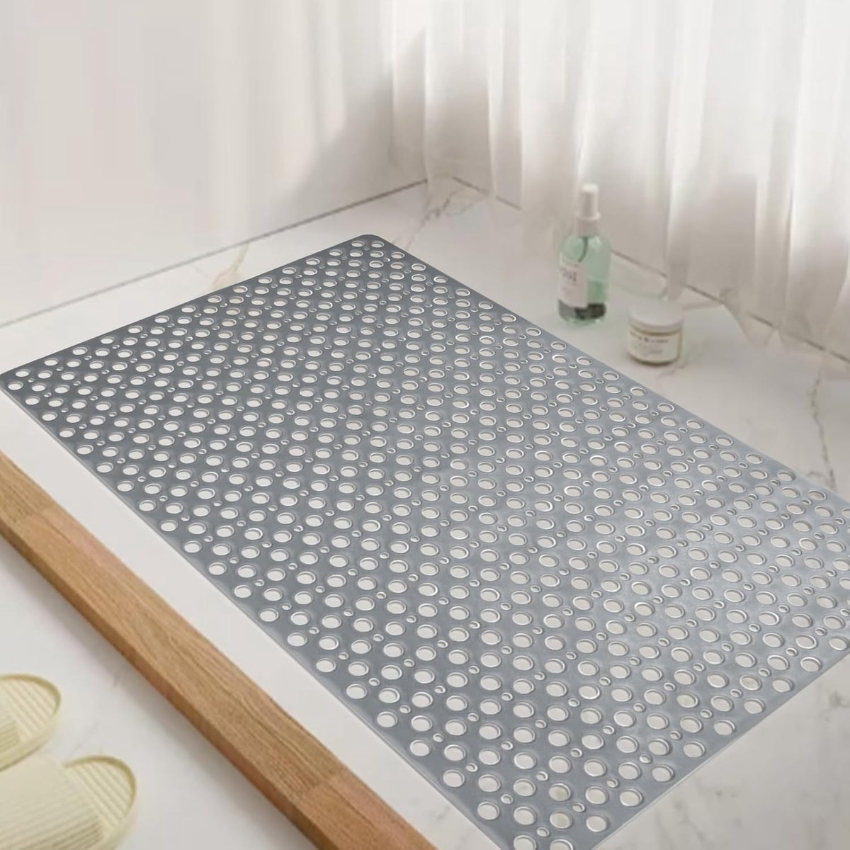 Douchemat Antislip - Badmat Zonder Glijden - Veilig Douchen - Grote Afvoer Gaten - 90x60 cm - Grijs
