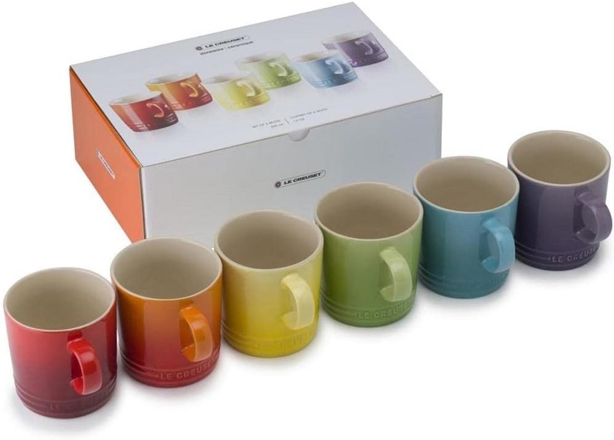 Set van 6 Steengoed Koffiemokken 350 ml in Regelenboogkleuren