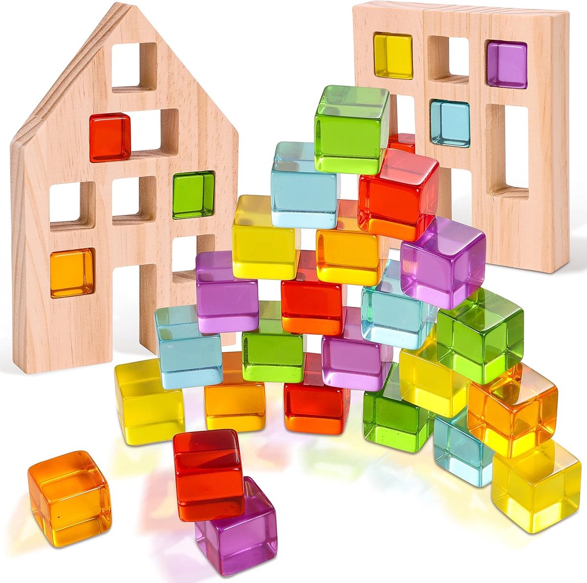 Houten Bouwstenen - Regenboog Edelstenen - Montessori Spelen - Gladde Acryl Kubussen - 20 x 12.7 cm - Kleurenmix