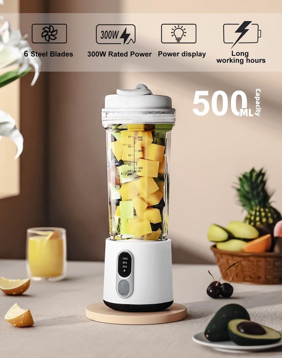Draagbare Blender - 17oz 500ml - USB-C Oplaadbaar 4000mAh - 6 Roestvrijstalen Mesjes - Draadloos - Mini Blender On The Go - Voor Shakes & Smoothies Gym Keuken Buiten van Merkloos — afbeelding 5