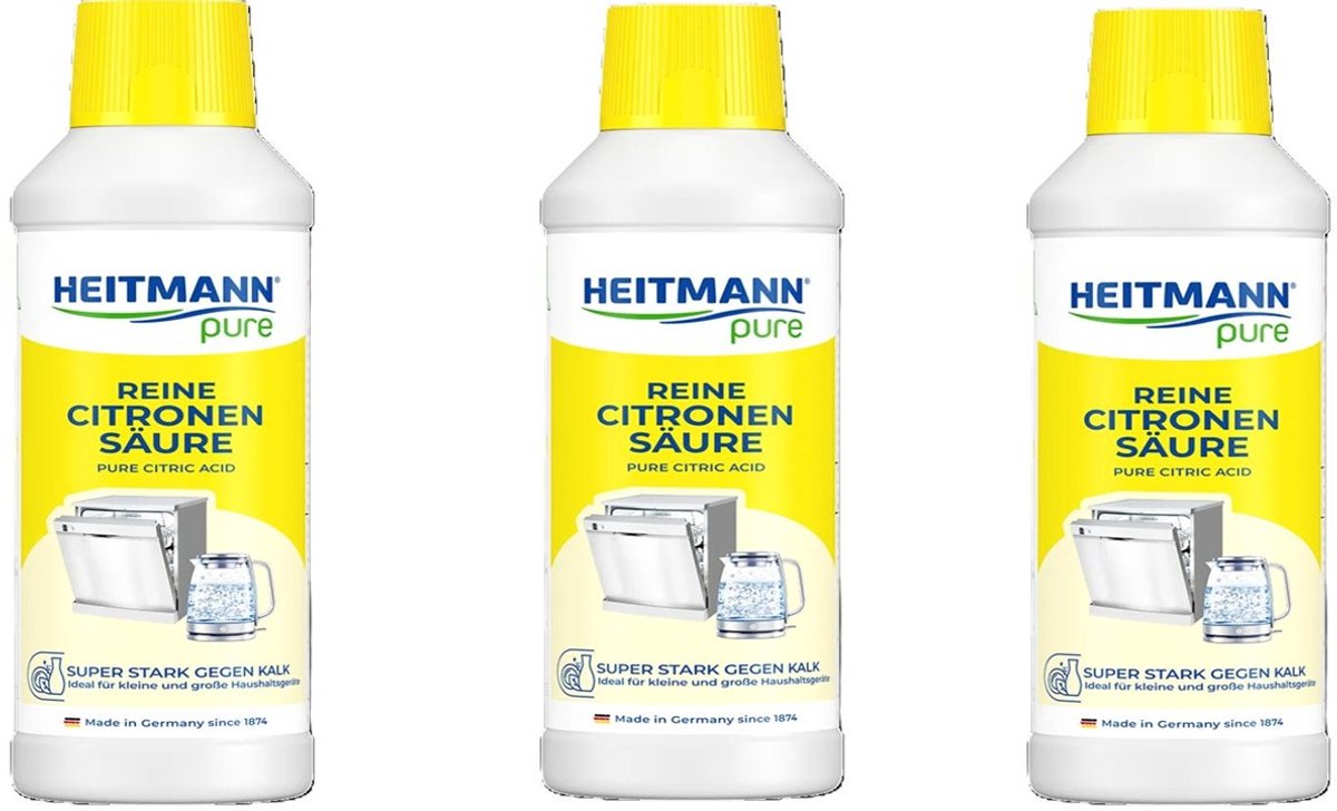 HEITMANN Pure Citroenzuur 3 x 500 ml – Krachtige Kalkverwijderaar – Voedselveilig & Biologisch Afbreekbaar – Voor Keuken, Badkamer & Apparaten