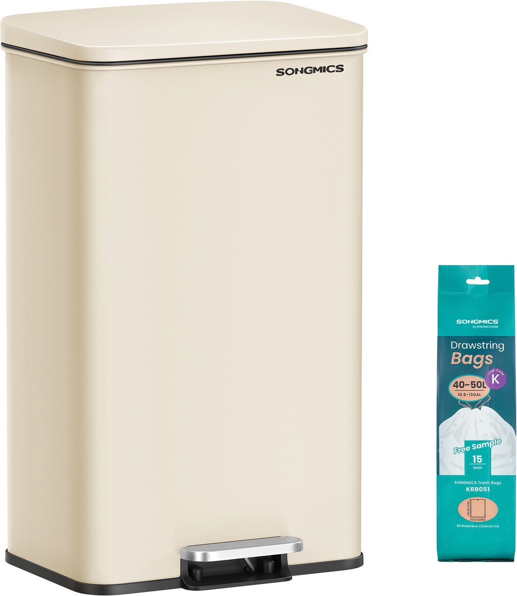 SONGMICS LTB540A02 - Prullenbak 40L met Deksel - Tretmechanisme - Softclose - Inclusief 15 Afvalzakken