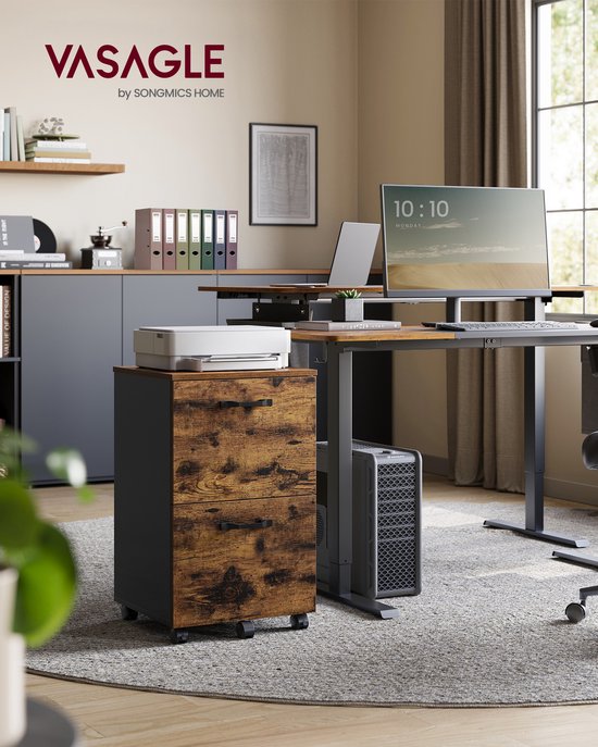 Rollende archiefkast met 2 lades met verweerd houtmotief, zwart frame en wielen, in een modern thuiskantoor.