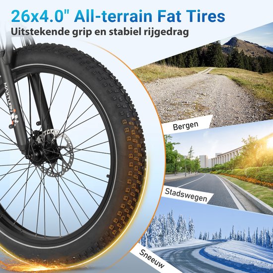 Maxtron MX1 Elektrische Fiets - 624Wh Accu - Actieradius tot 100 km - 26×4.0 Inch Fatbike Banden - Shimano 7 Versnellingen - Verende Voorvork (Aluminium/Staal) - Mechanische Schijfremmen - Stadsfiets - Max. Belastbaar 120 kg - Zwart — afbeelding 5