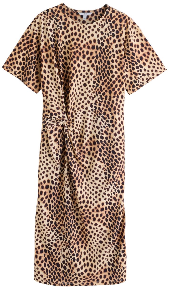Next Dames - Jersey gedraaide zomerse petite T-shirtjurk - Petite - Dierenprint Brown Leopard Print