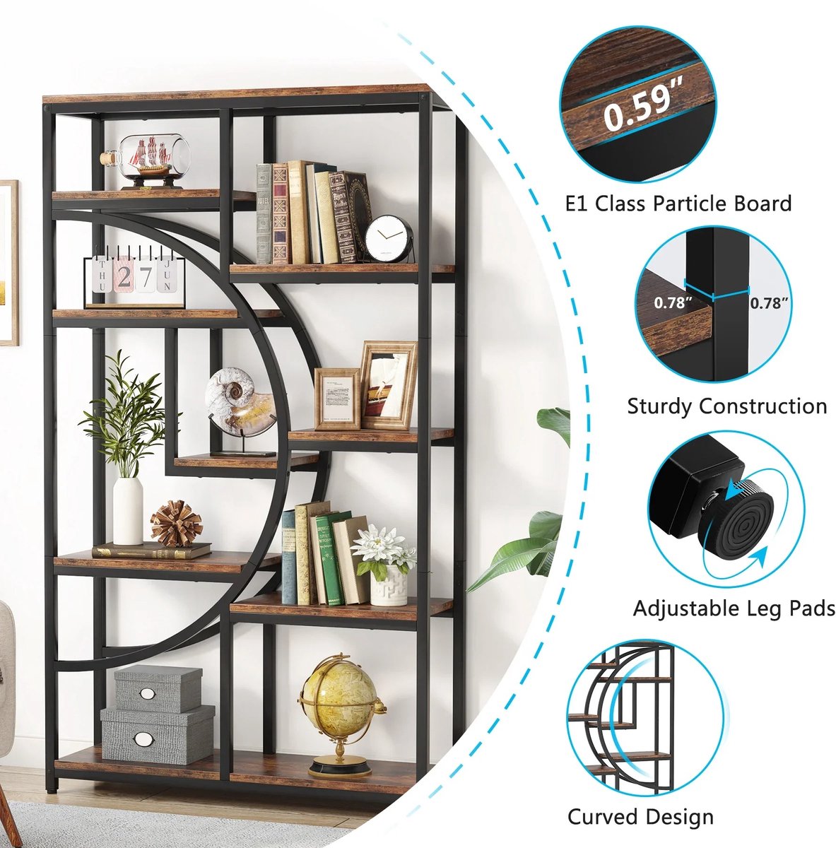 NordHaus Boekenkast Industrieel - Boekenrek 9 Vakken - 5 Niveaus - Metalen Frame - Grote Opbergruimte 95x30x175 cm