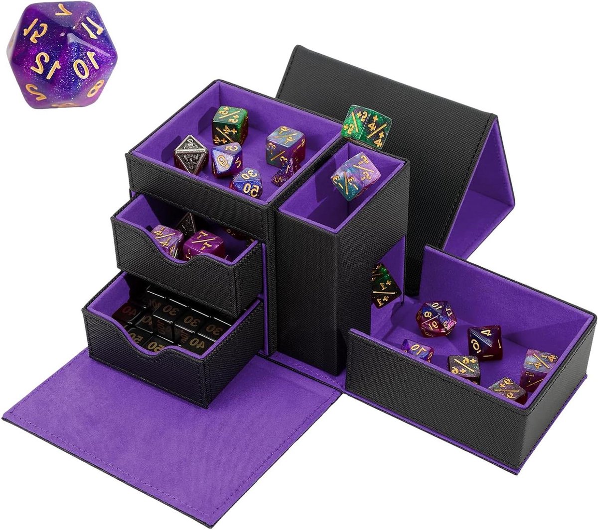 Dobbelsteen Tray Toren - Dobbelsteenhouder Opbergdoos - Rollenspellen Spelen - 3-in-1 Functie - Magnetische Sluiting - Zwart Violet